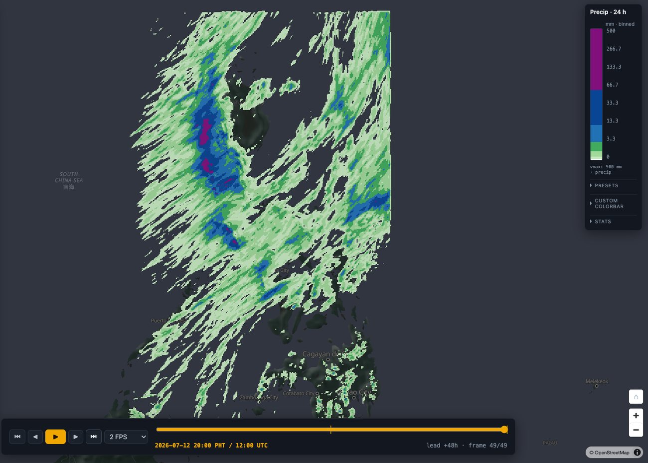 24-hour accumulated precipitation showing a banded rainfall structure over the Philippines