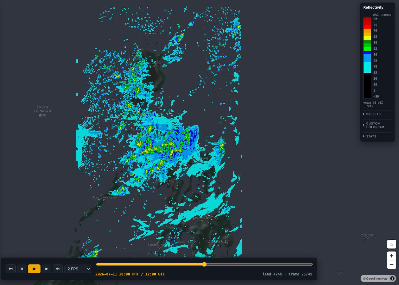 Simulated radar reflectivity over the Philippine islands at forecast hour plus 24
