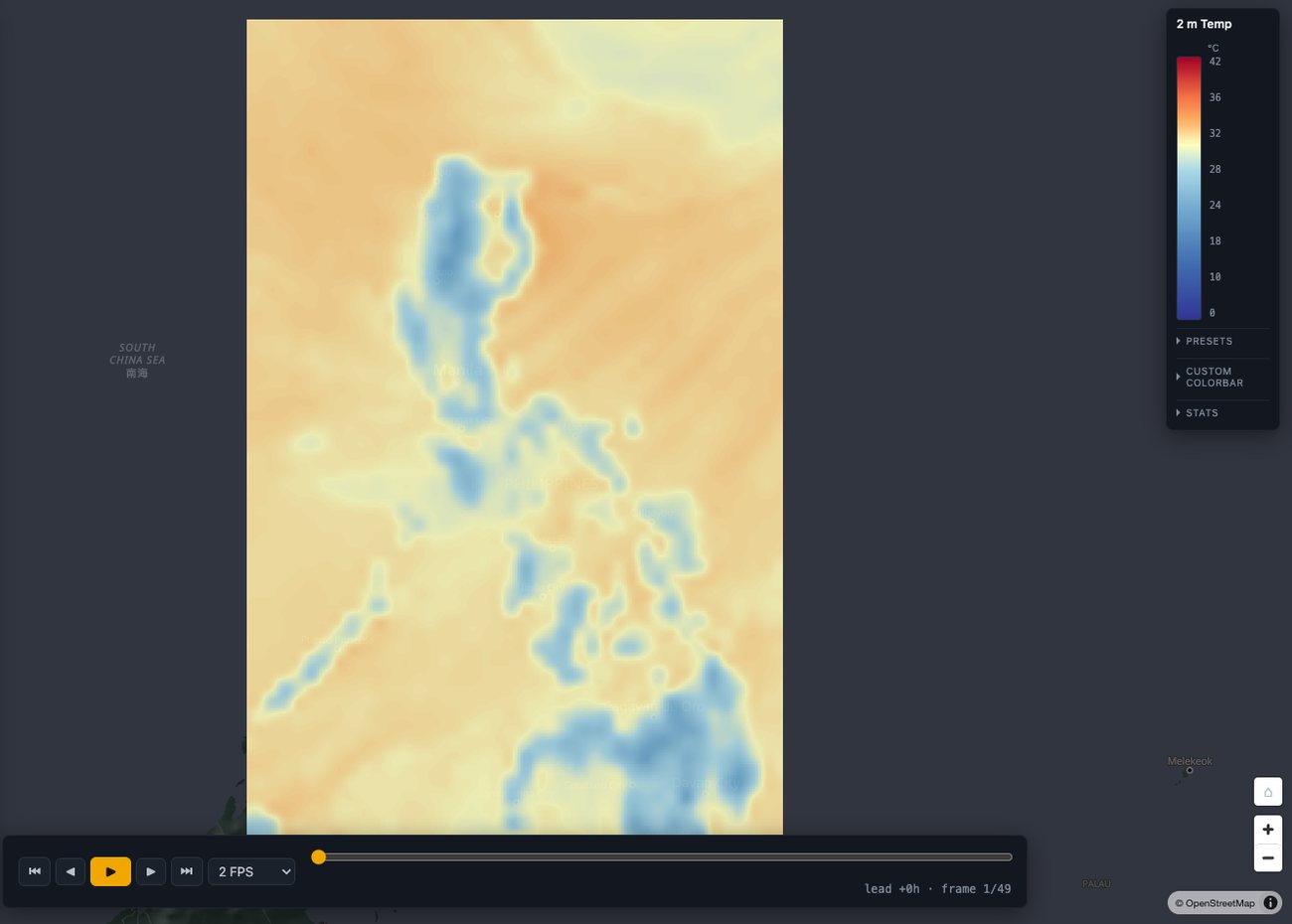 2 m temperature field over the 3 km Philippines nest with live colorbar and time scrubber