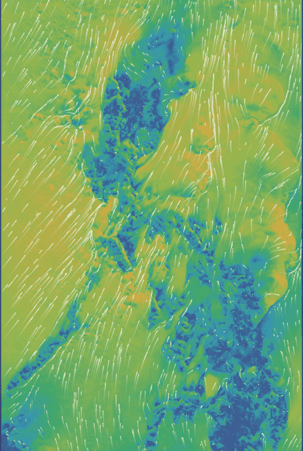 Animated 10 m wind field with flowing particle streaklines over the Philippines